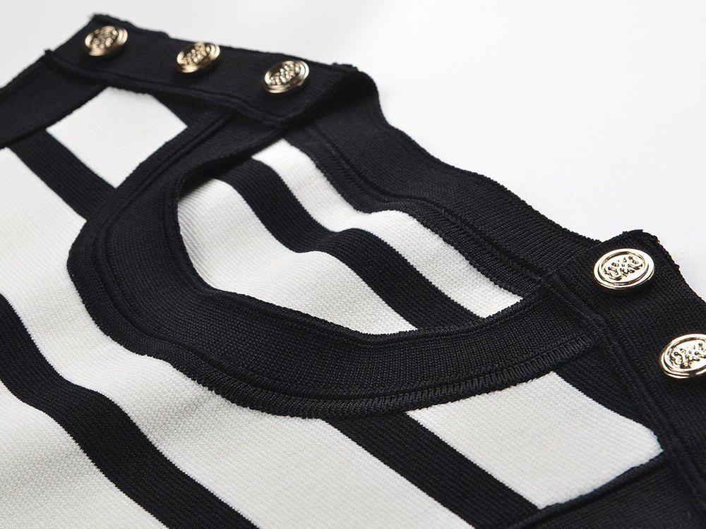 Rowan Dress - Body - Con Style - Sleeveless With Striped Pattern - Gold Button Accents - Ideal for Spring/summer