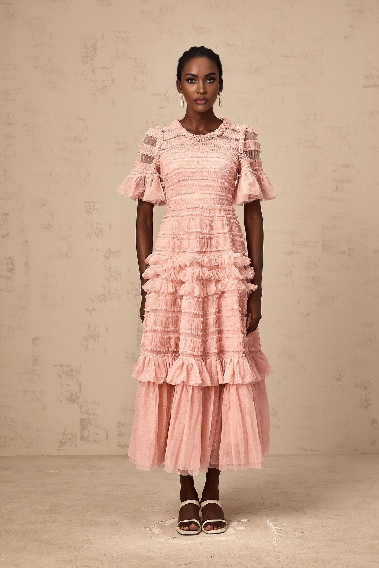 Rowan Midi Dress Pink Tulle Ruffled Dot Tiered Skirt