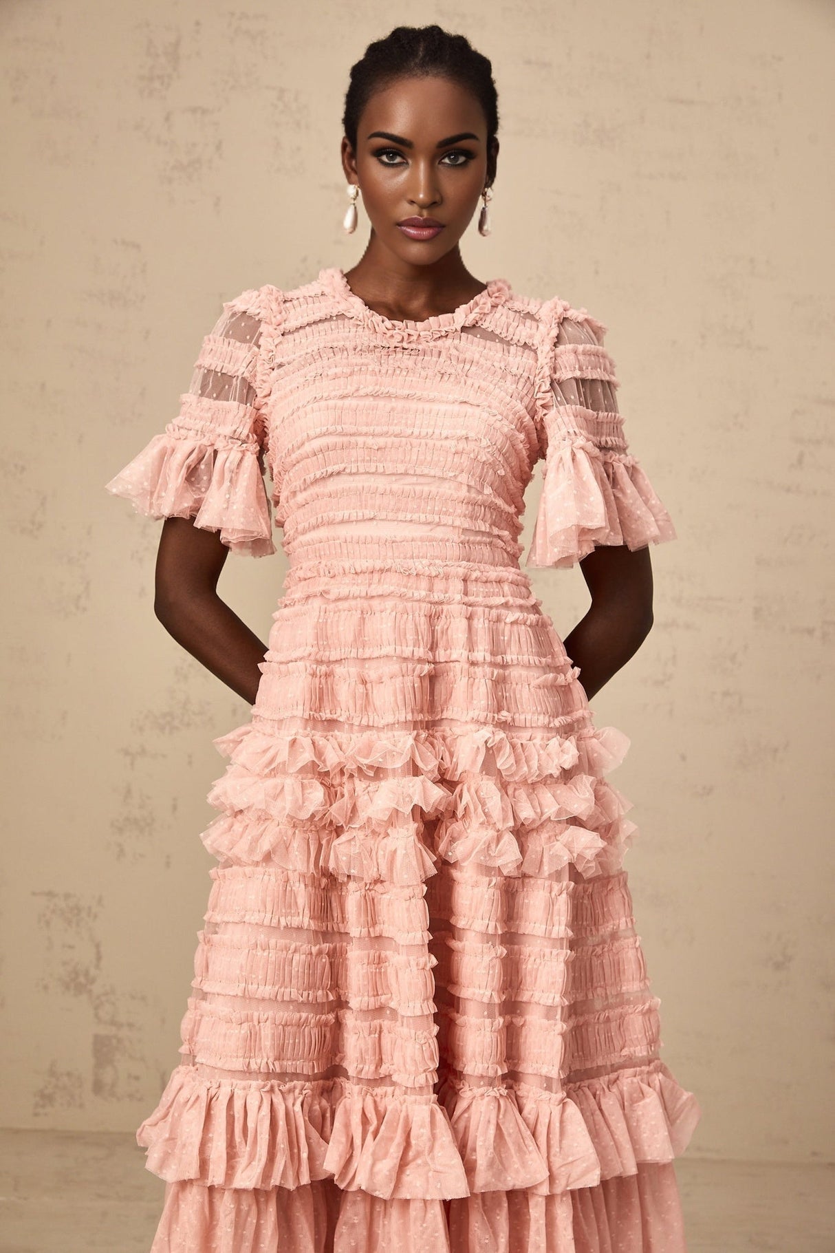 Rowan Midi Dress Pink Tulle Ruffled Dot Tiered Skirt