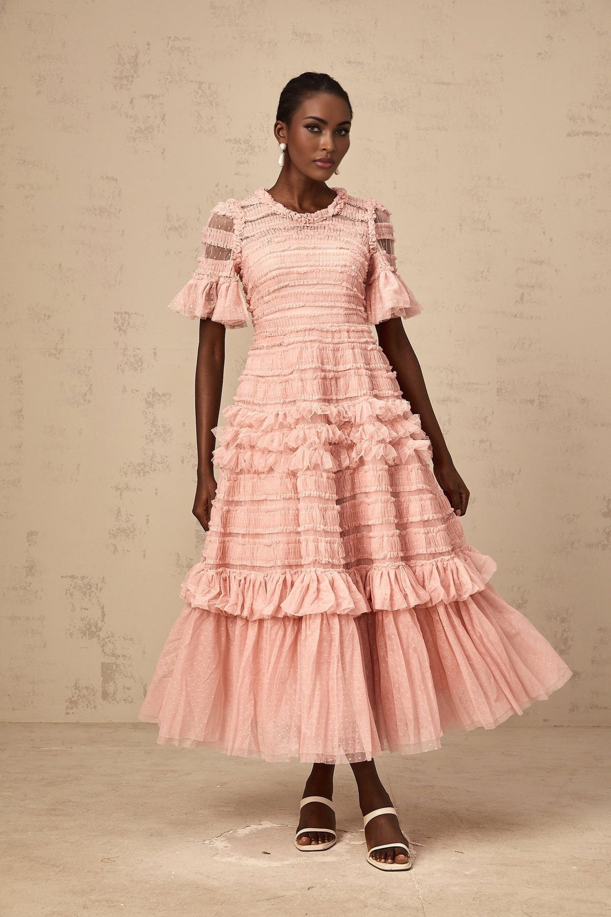 Rowan Midi Dress Pink Tulle Ruffled Dot Tiered Skirt