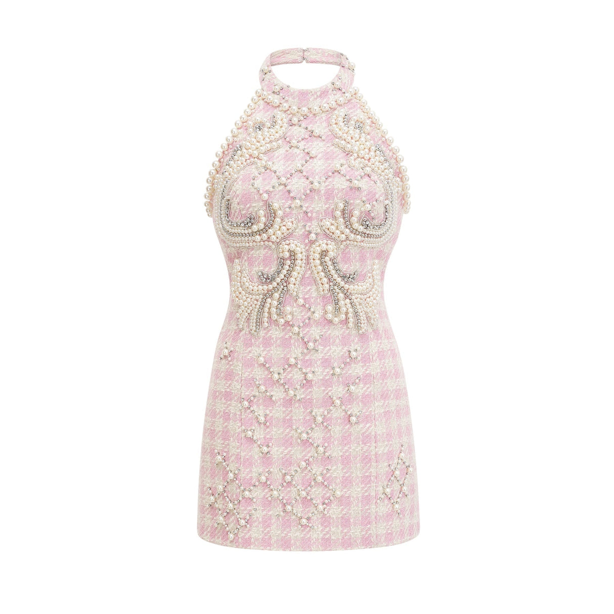 Rowan Mini Dress Pink Halterneck with Faux Pearl Embellishment