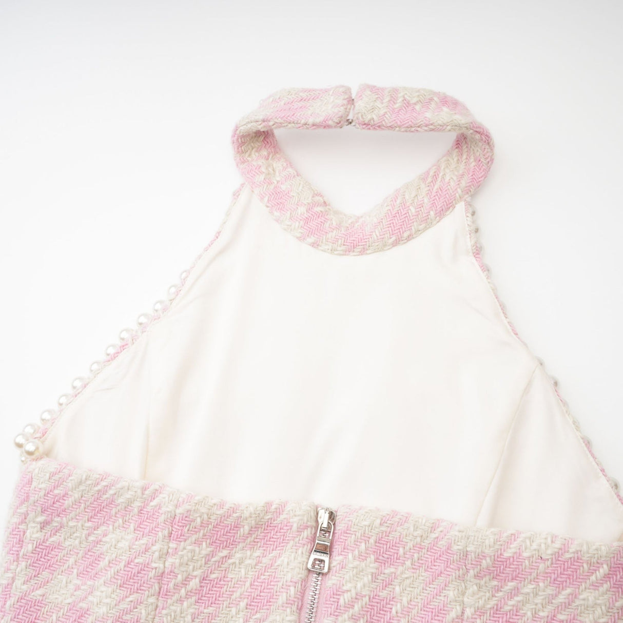 Rowan Mini Dress Pink Halterneck with Faux Pearl Embellishment