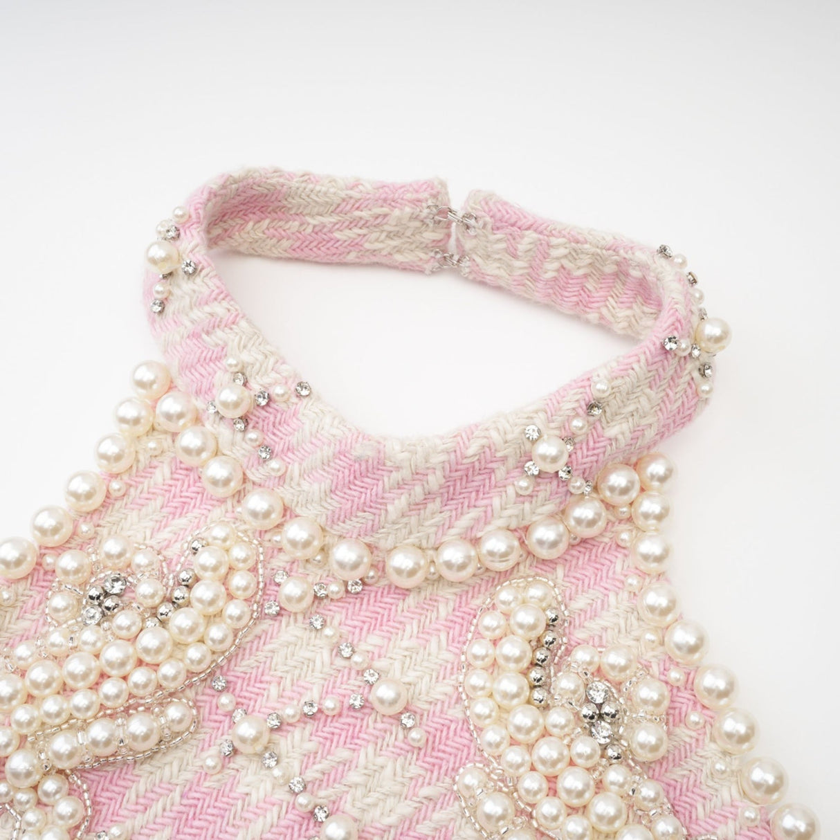 Rowan Mini Dress Pink Halterneck with Faux Pearl Embellishment