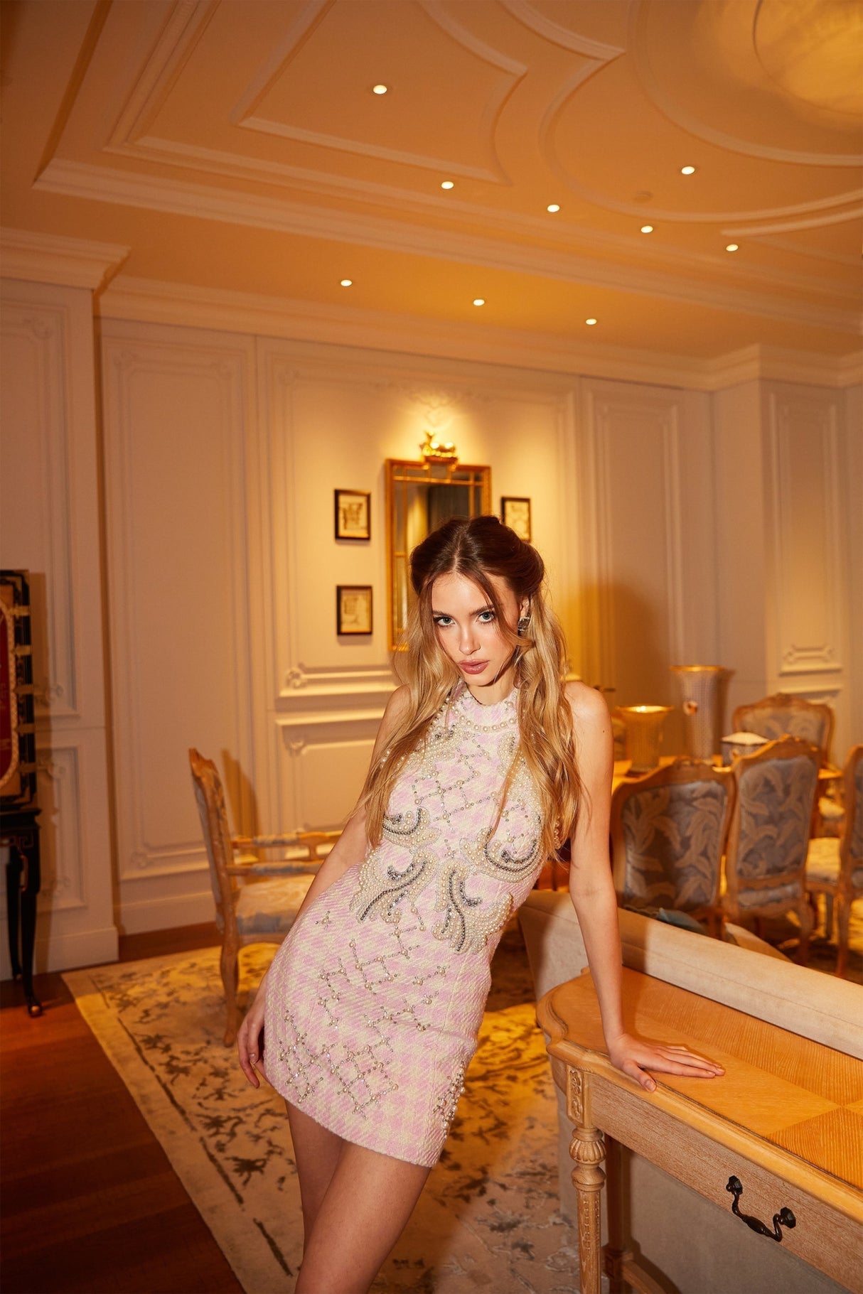 Rowan Mini Dress Pink Halterneck with Faux Pearl Embellishment