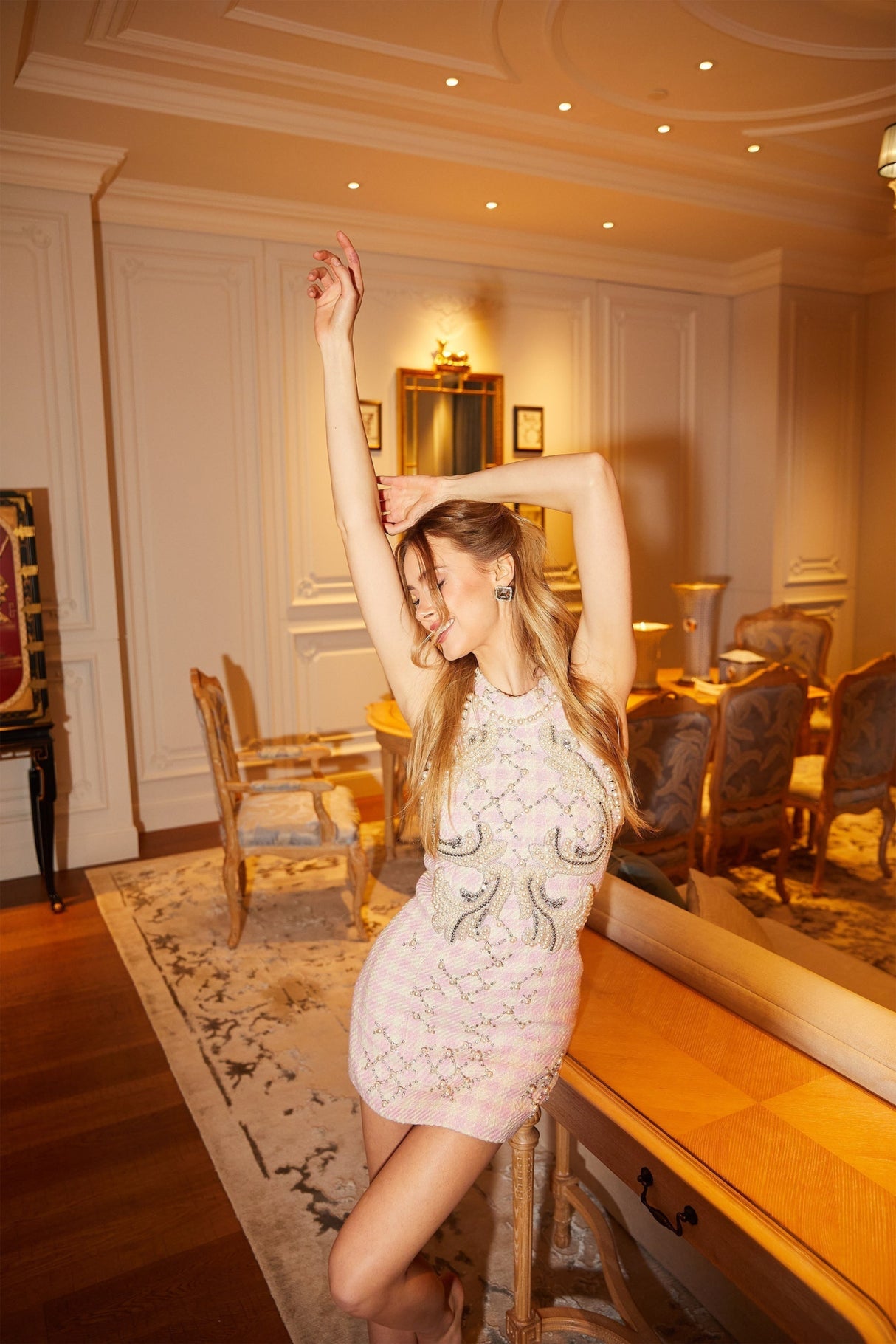 Rowan Mini Dress Pink Halterneck with Faux Pearl Embellishment