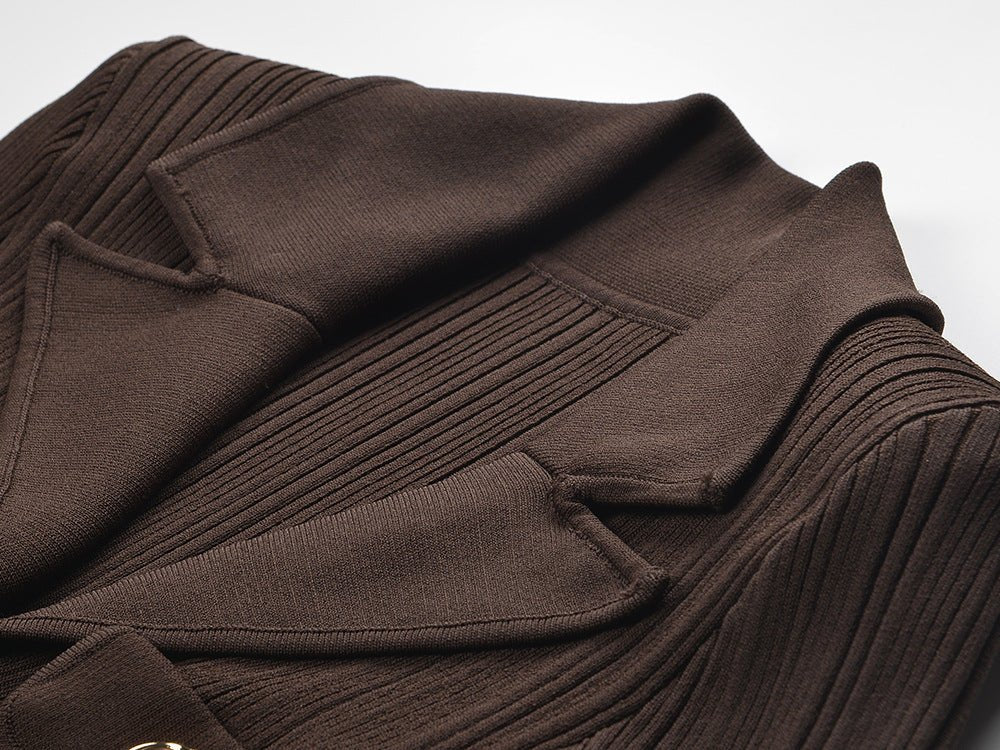 Ruby Maxi Dress - Form - fitting Silhouette - Button - Up Collar - Tailored Fit - Ribbed Knit Material - Gold Button Details