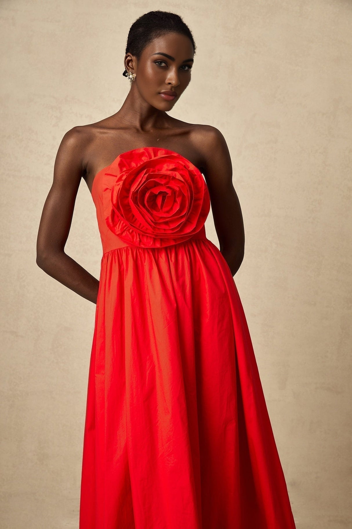 Ruby Maxi Dress in Stunning Red with Off - Shoulder Design and 3D Petal Details