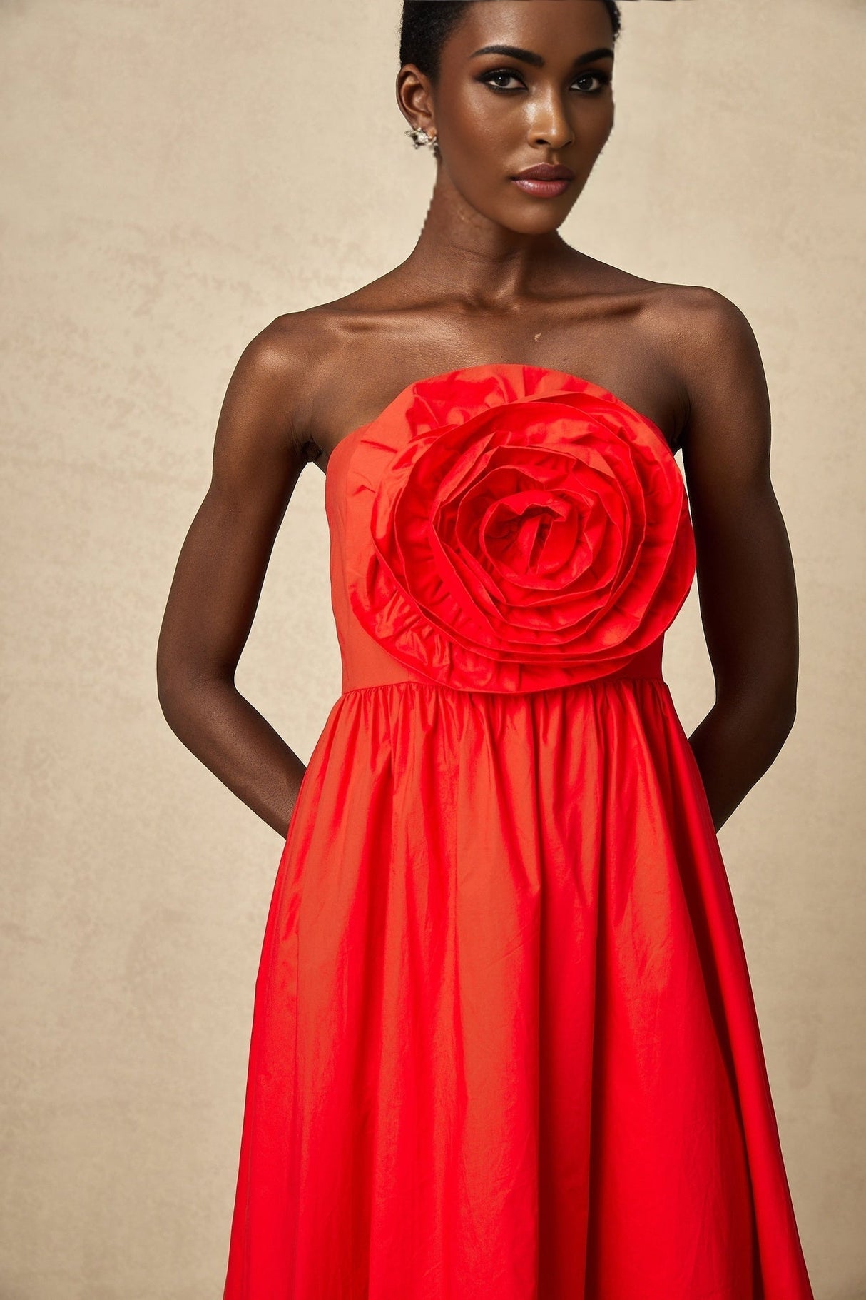 Ruby Maxi Dress in Stunning Red with Off - Shoulder Design and 3D Petal Details