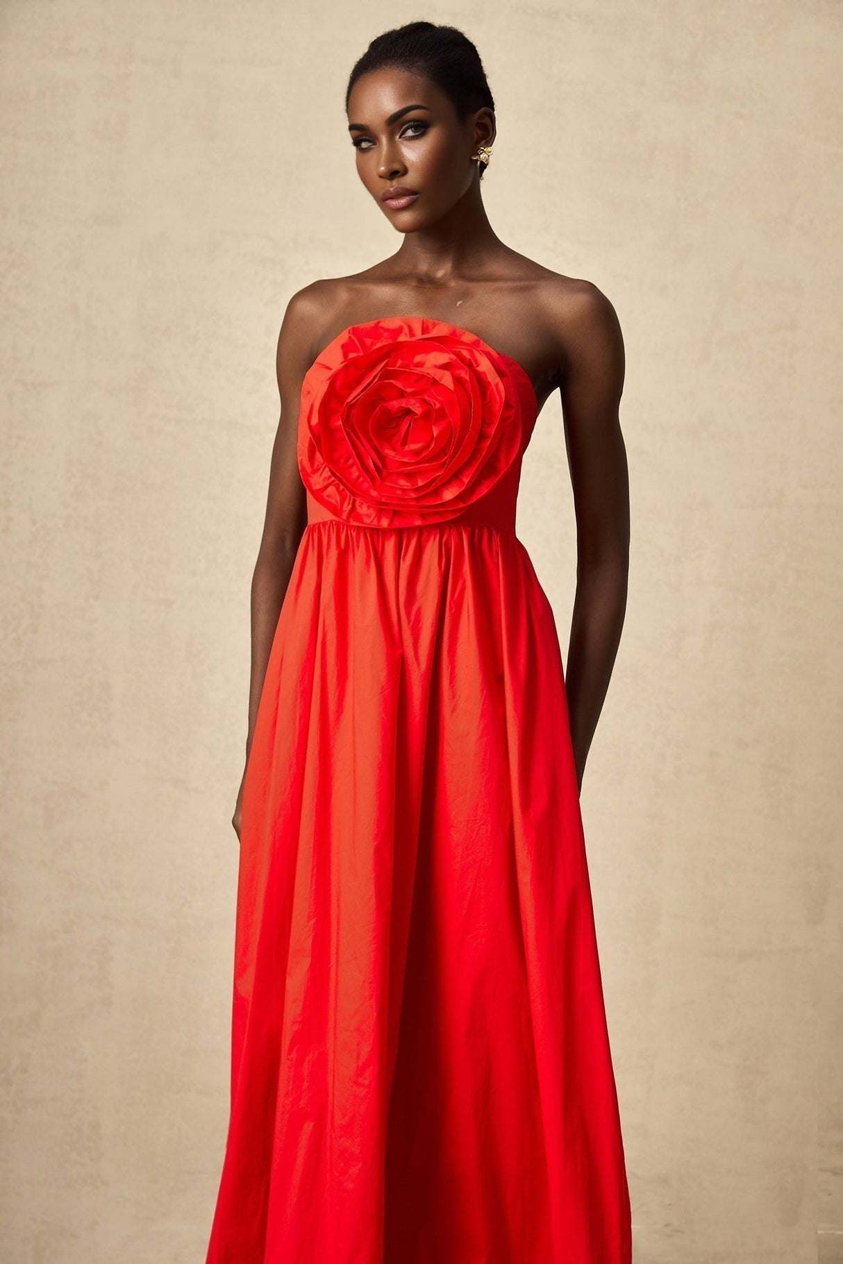 Ruby Maxi Dress in Stunning Red with Off - Shoulder Design and 3D Petal Details