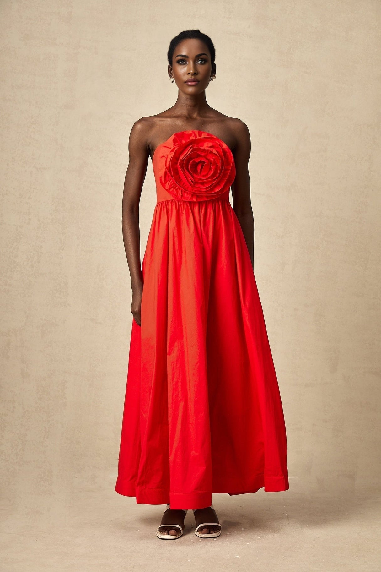 Ruby Maxi Dress in Stunning Red with Off - Shoulder Design and 3D Petal Details