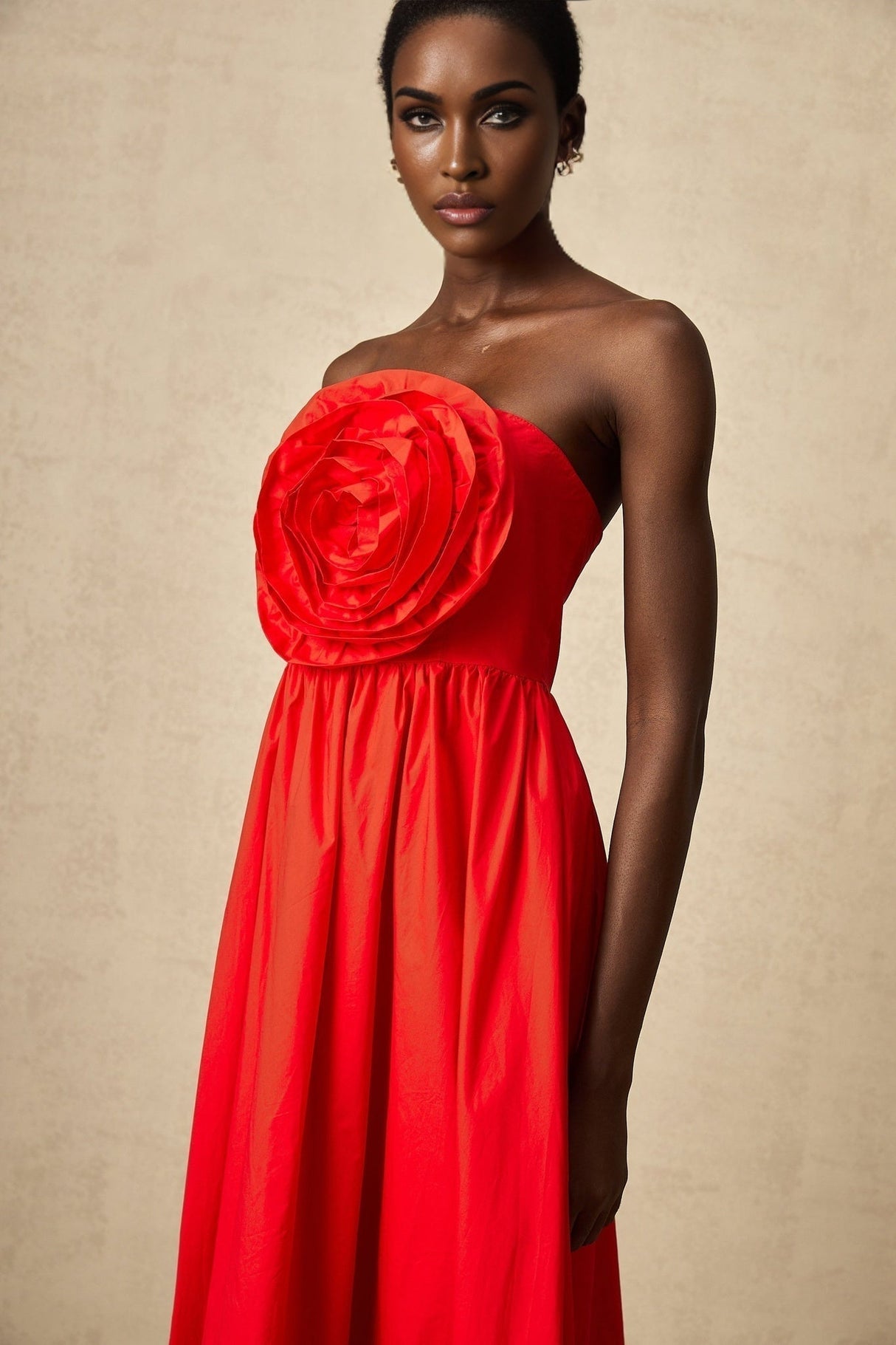 Ruby Maxi Dress in Stunning Red with Off - Shoulder Design and 3D Petal Details