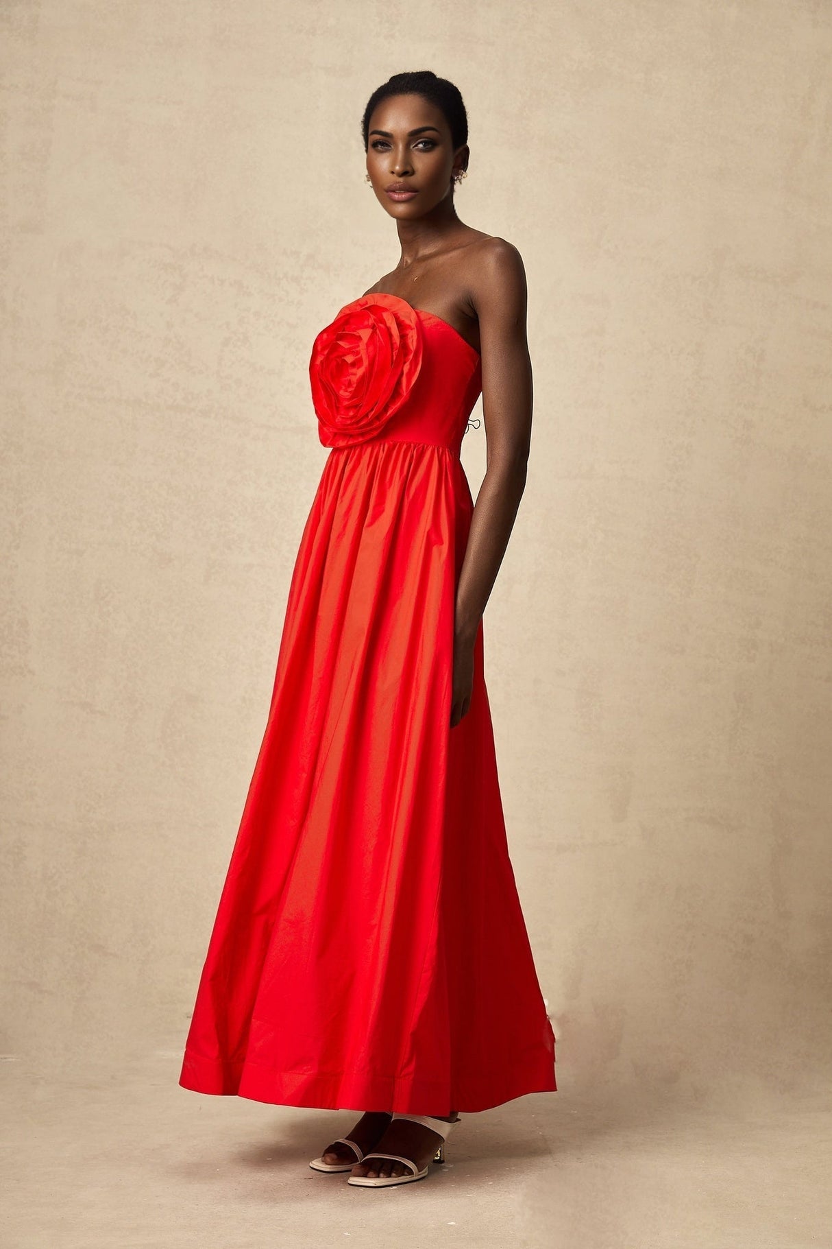 Ruby Maxi Dress in Stunning Red with Off - Shoulder Design and 3D Petal Details