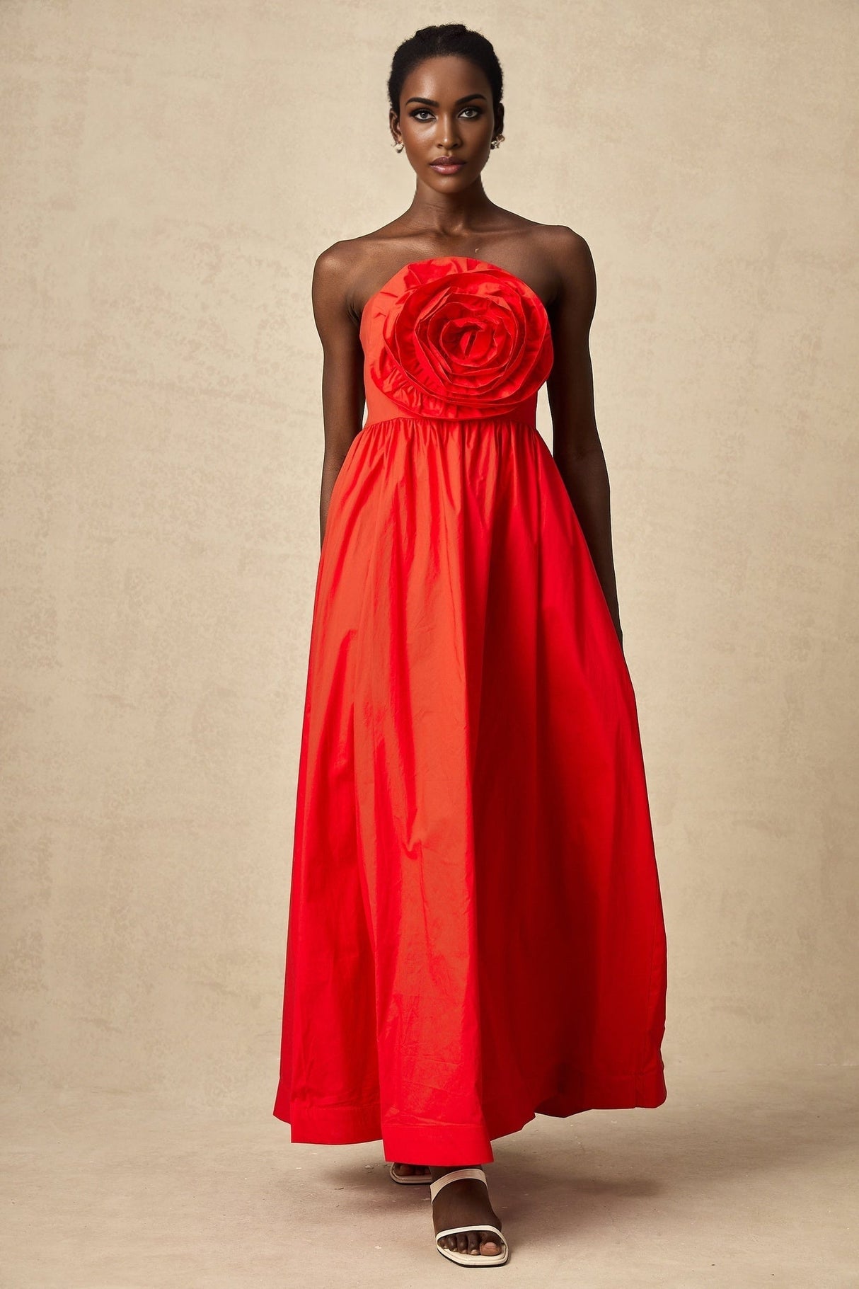 Ruby Maxi Dress in Stunning Red with Off - Shoulder Design and 3D Petal Details