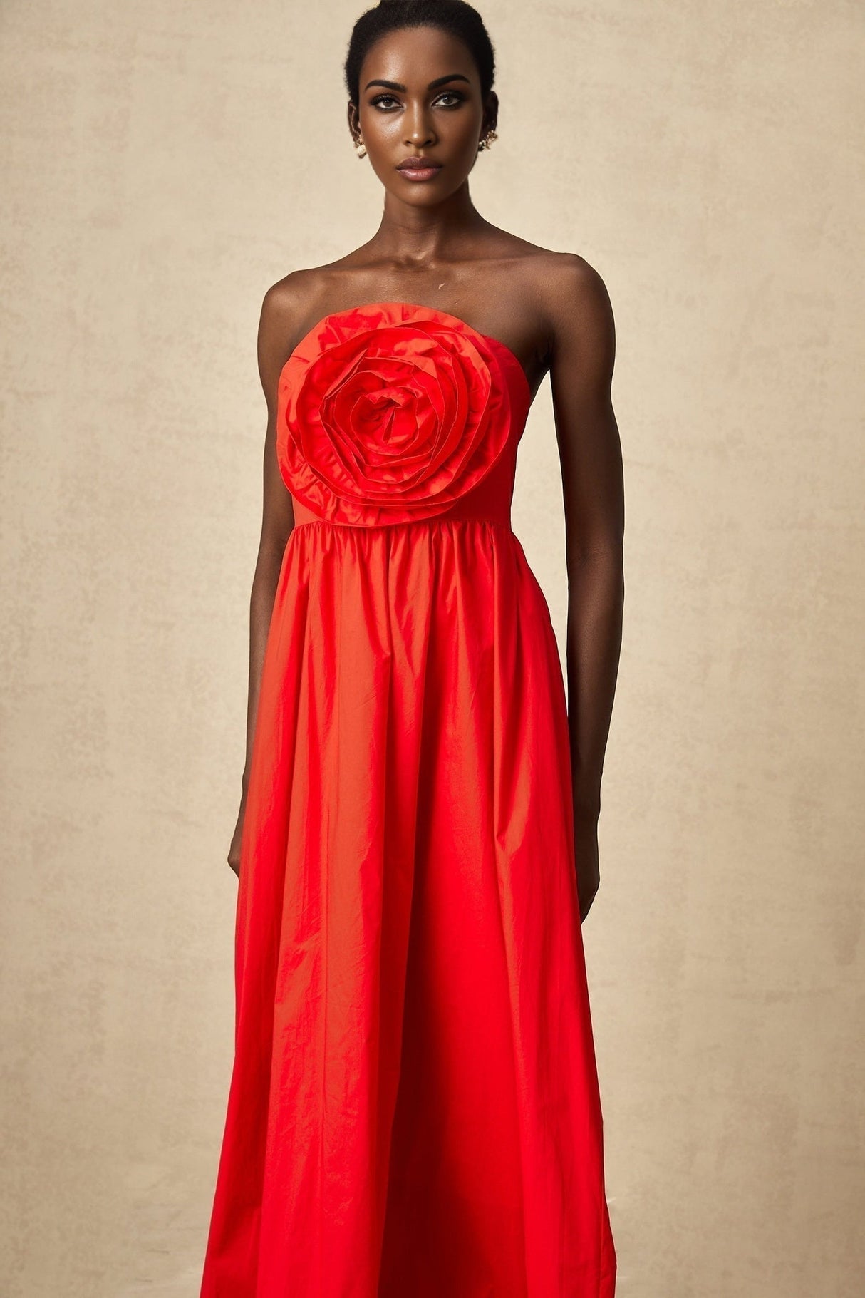 Ruby Maxi Dress in Stunning Red with Off - Shoulder Design and 3D Petal Details