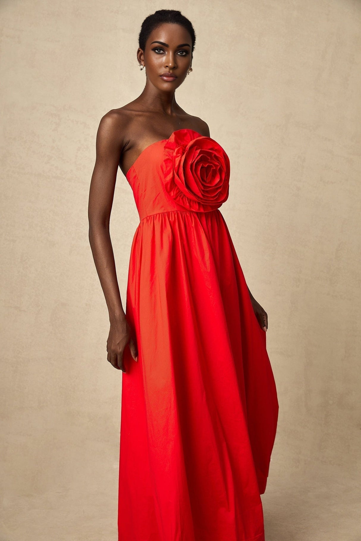Ruby Maxi Dress in Stunning Red with Off - Shoulder Design and 3D Petal Details