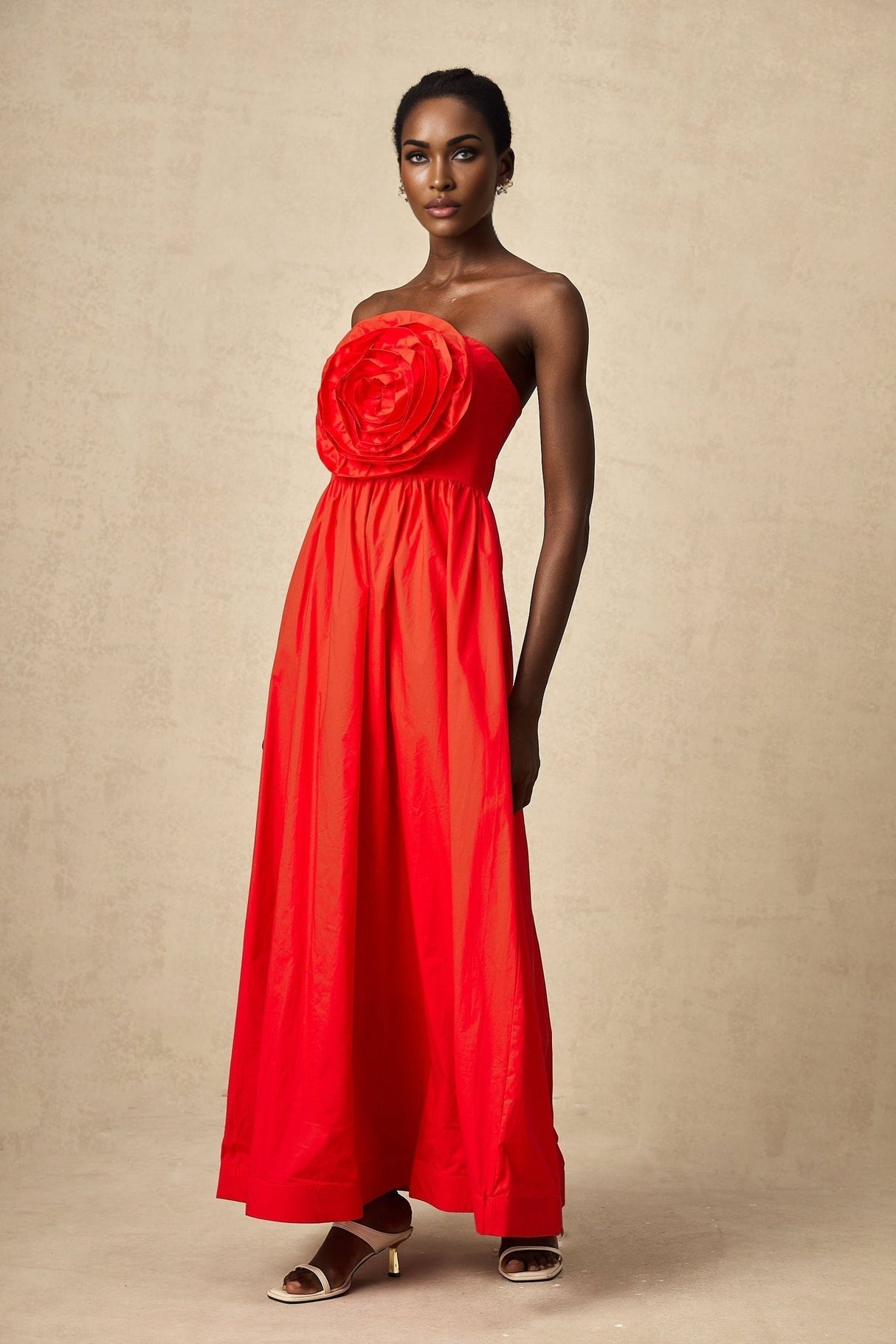 Ruby Maxi Dress in Stunning Red with Off - Shoulder Design and 3D Petal Details