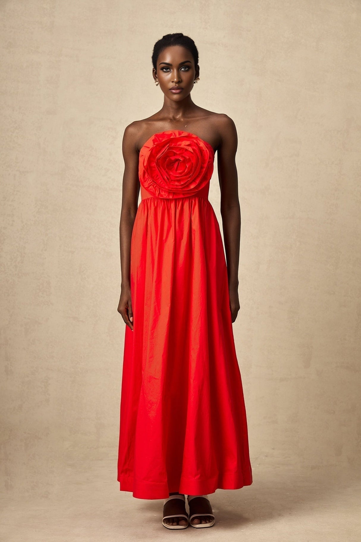 Ruby Maxi Dress in Stunning Red with Off - Shoulder Design and 3D Petal Details