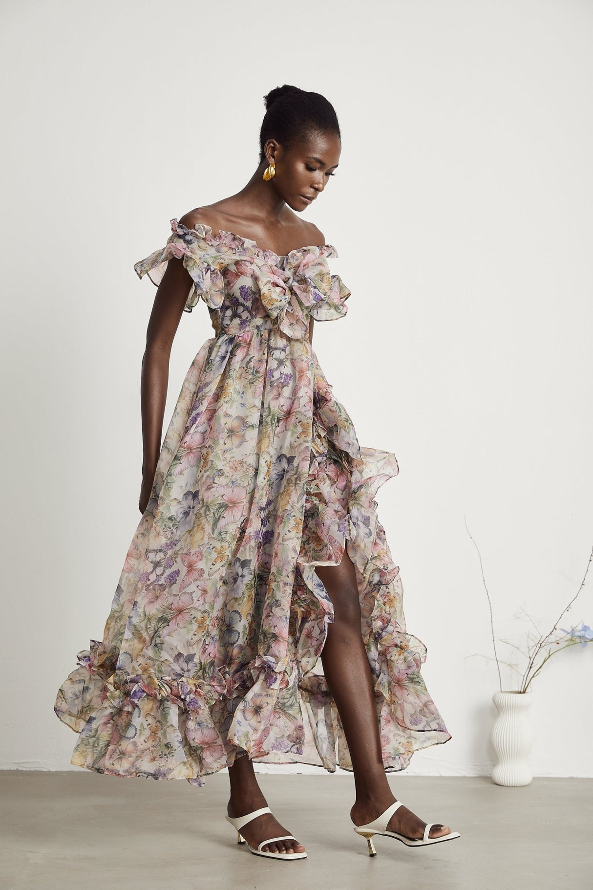 Ruby Midi Dress Pink Floral Flounce & Tulle Side Slit