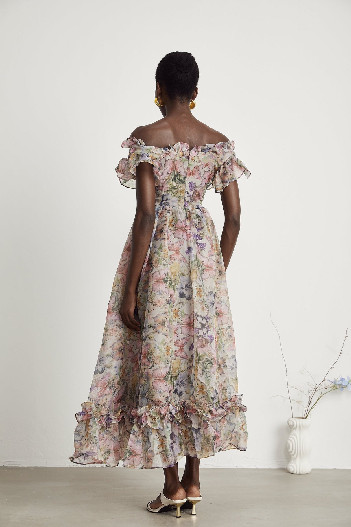 Ruby Midi Dress Pink Floral Flounce & Tulle Side Slit