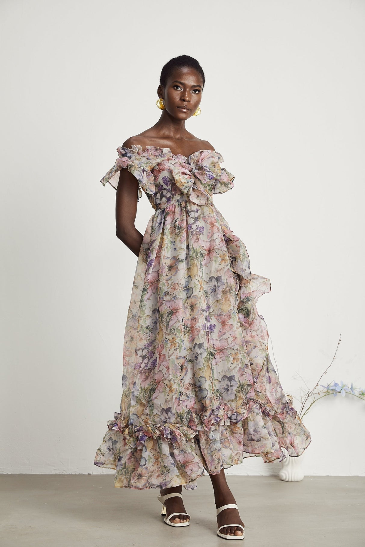 Ruby Midi Dress Pink Floral Flounce & Tulle Side Slit