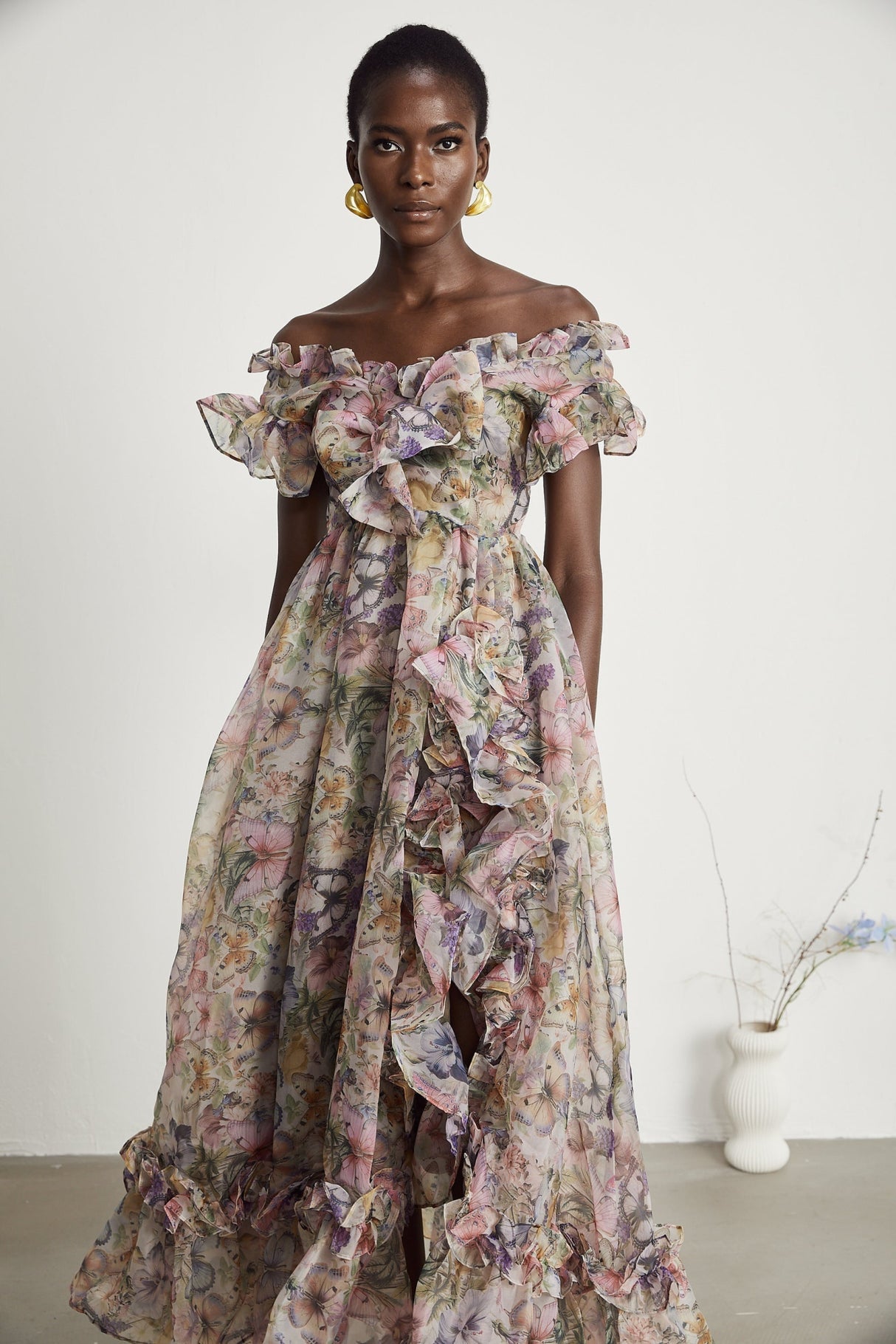 Ruby Midi Dress Pink Floral Flounce & Tulle Side Slit