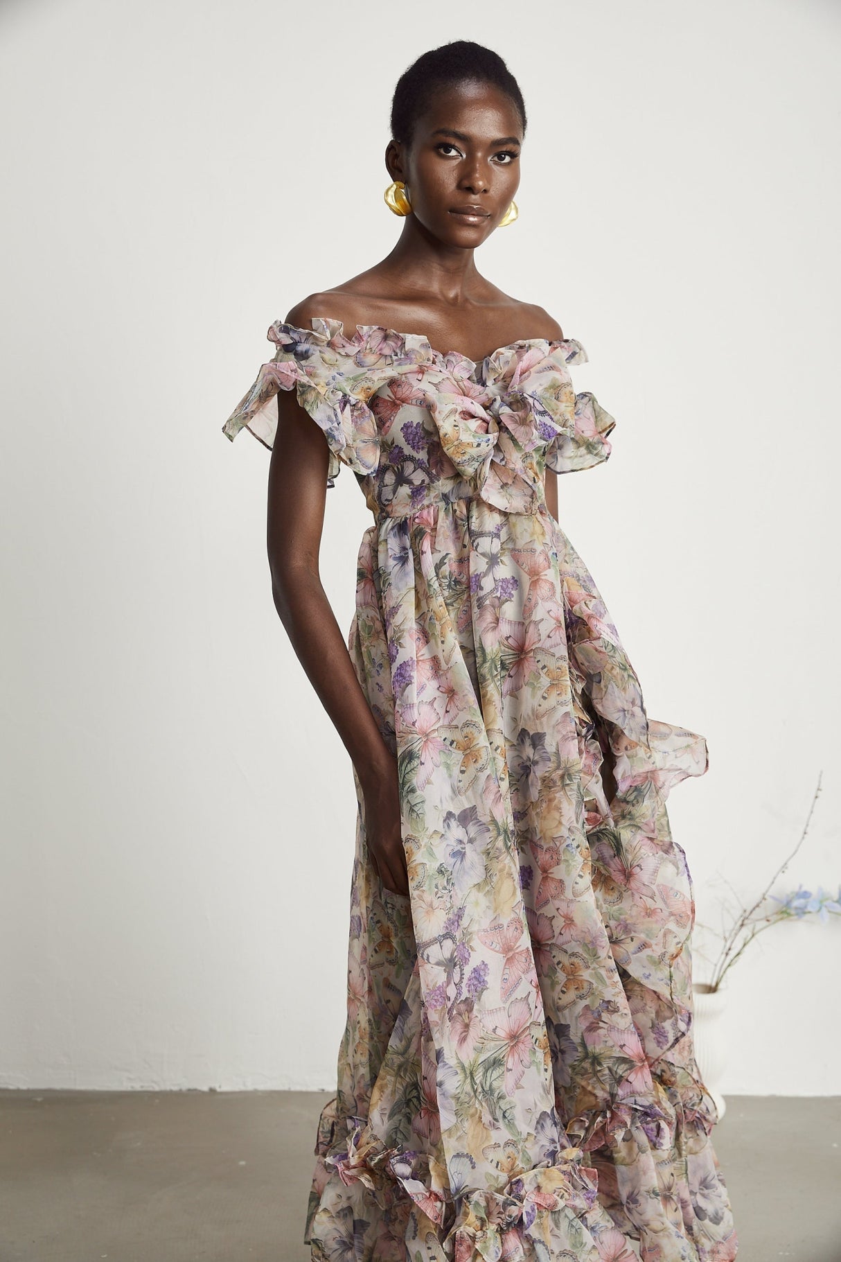 Ruby Midi Dress Pink Floral Flounce & Tulle Side Slit