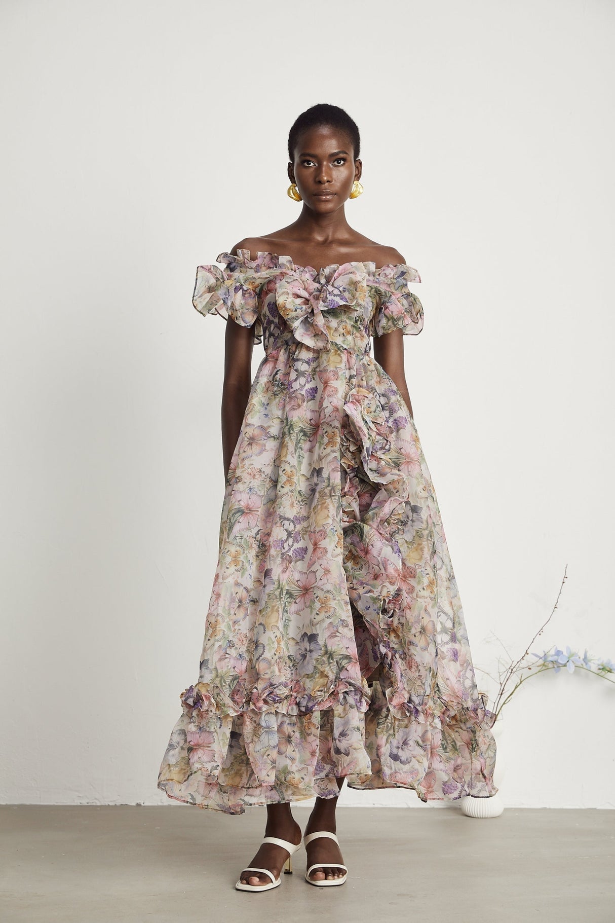 Ruby Midi Dress Pink Floral Flounce & Tulle Side Slit