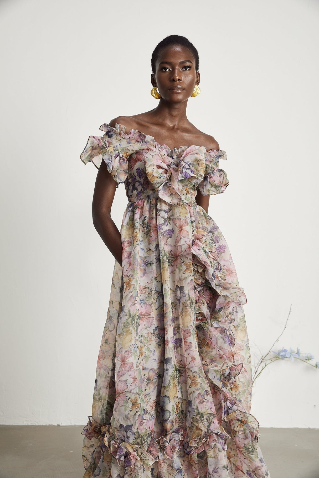 Ruby Midi Dress Pink Floral Flounce & Tulle Side Slit