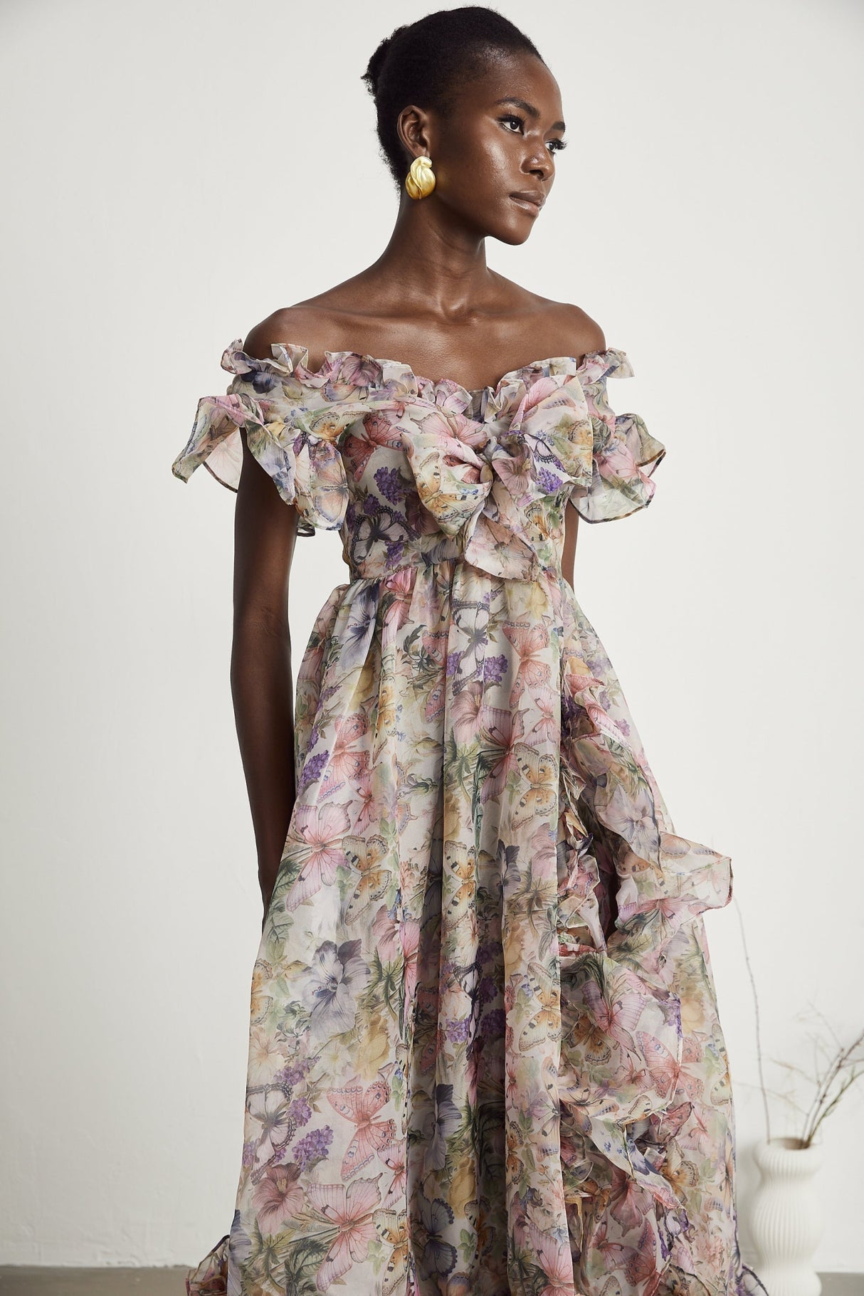 Ruby Midi Dress Pink Floral Flounce & Tulle Side Slit