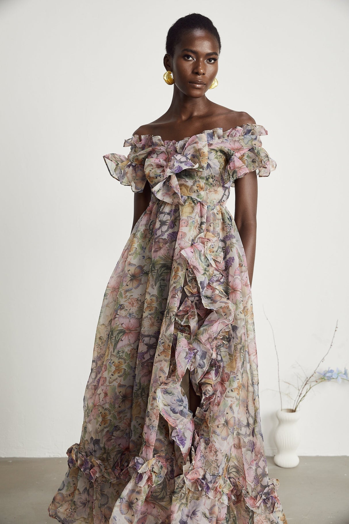 Ruby Midi Dress Pink Floral Flounce & Tulle Side Slit