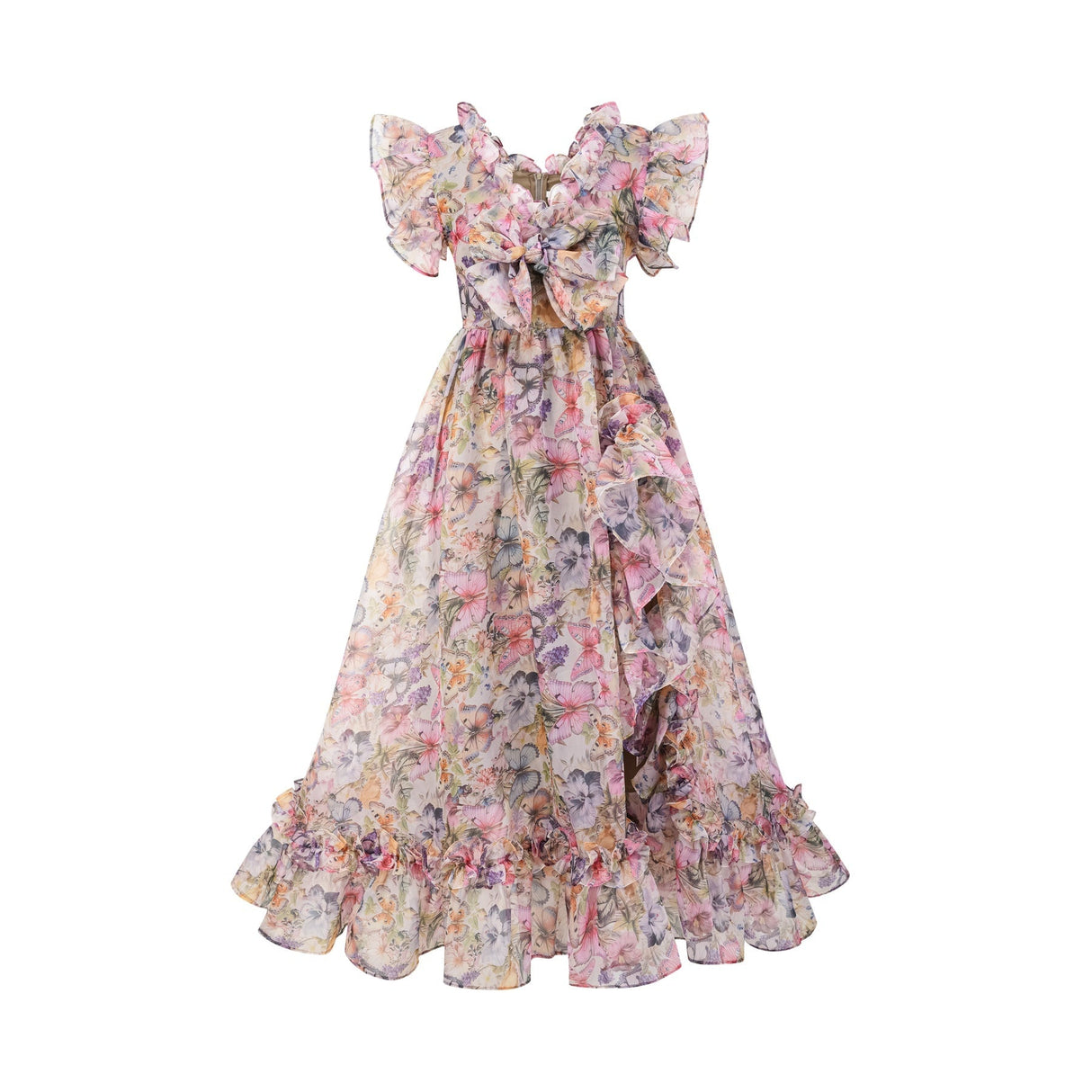 Ruby Midi Dress Pink Floral Flounce & Tulle Side Slit