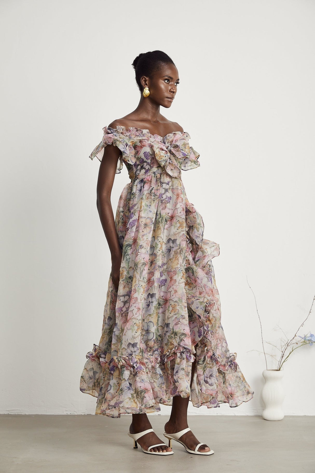 Ruby Midi Dress Pink Floral Flounce & Tulle Side Slit