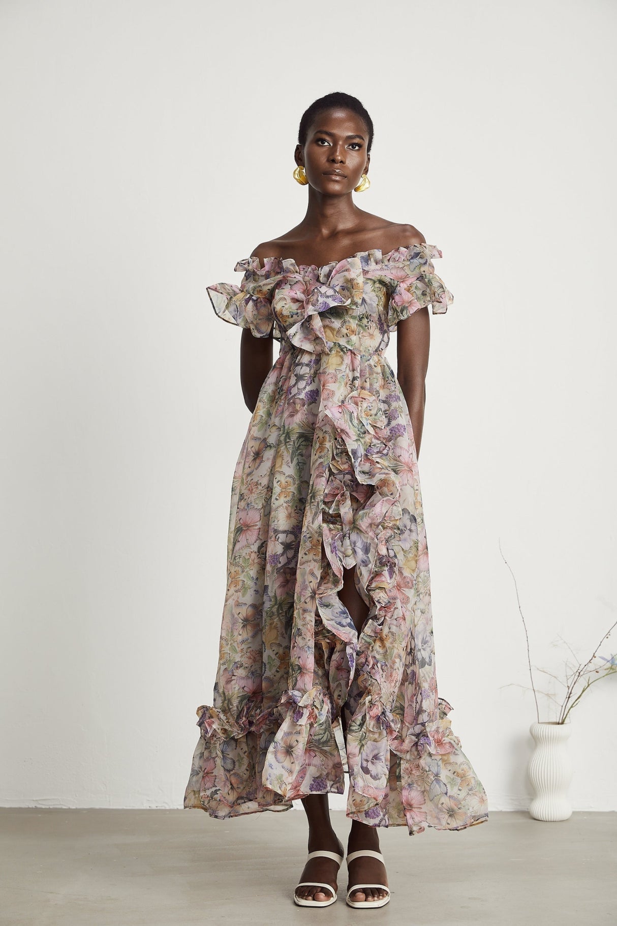 Ruby Midi Dress Pink Floral Flounce & Tulle Side Slit