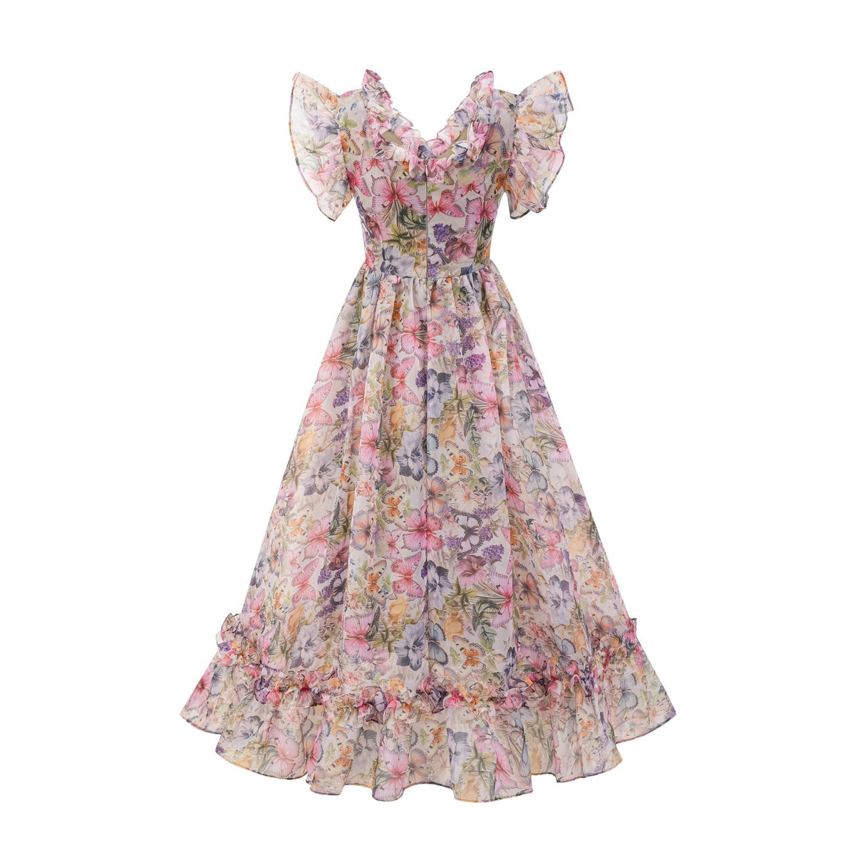 Ruby Midi Dress Pink Floral Flounce & Tulle Side Slit