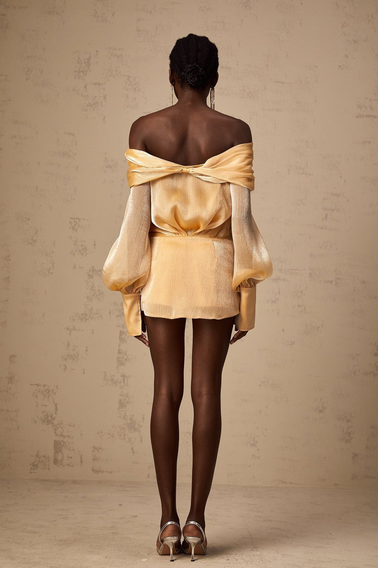 Ruby Mini Dress Gold Crystal Off Shoulder Puff Sleeve Sparkle