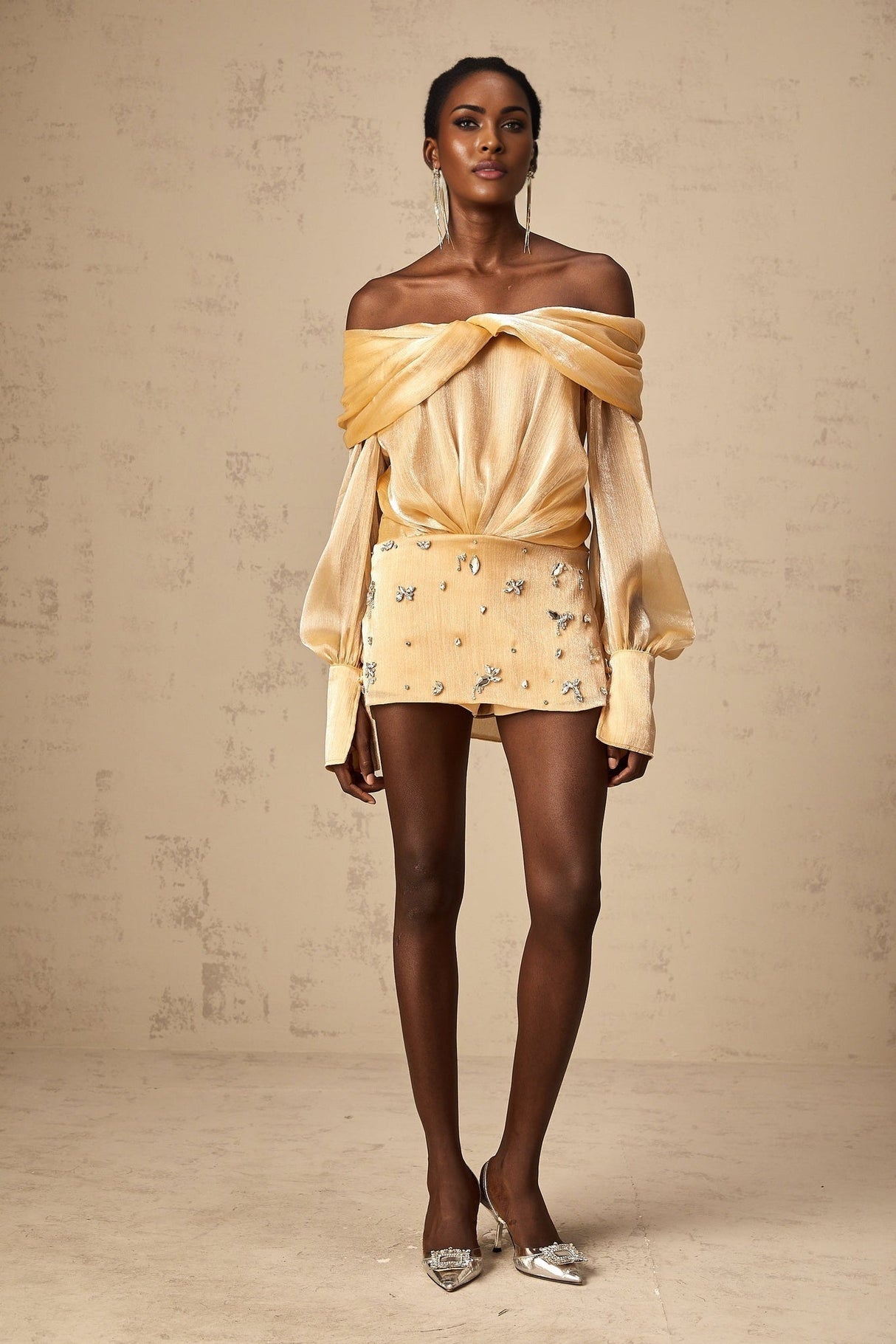 Ruby Mini Dress Gold Crystal Off Shoulder Puff Sleeve Sparkle