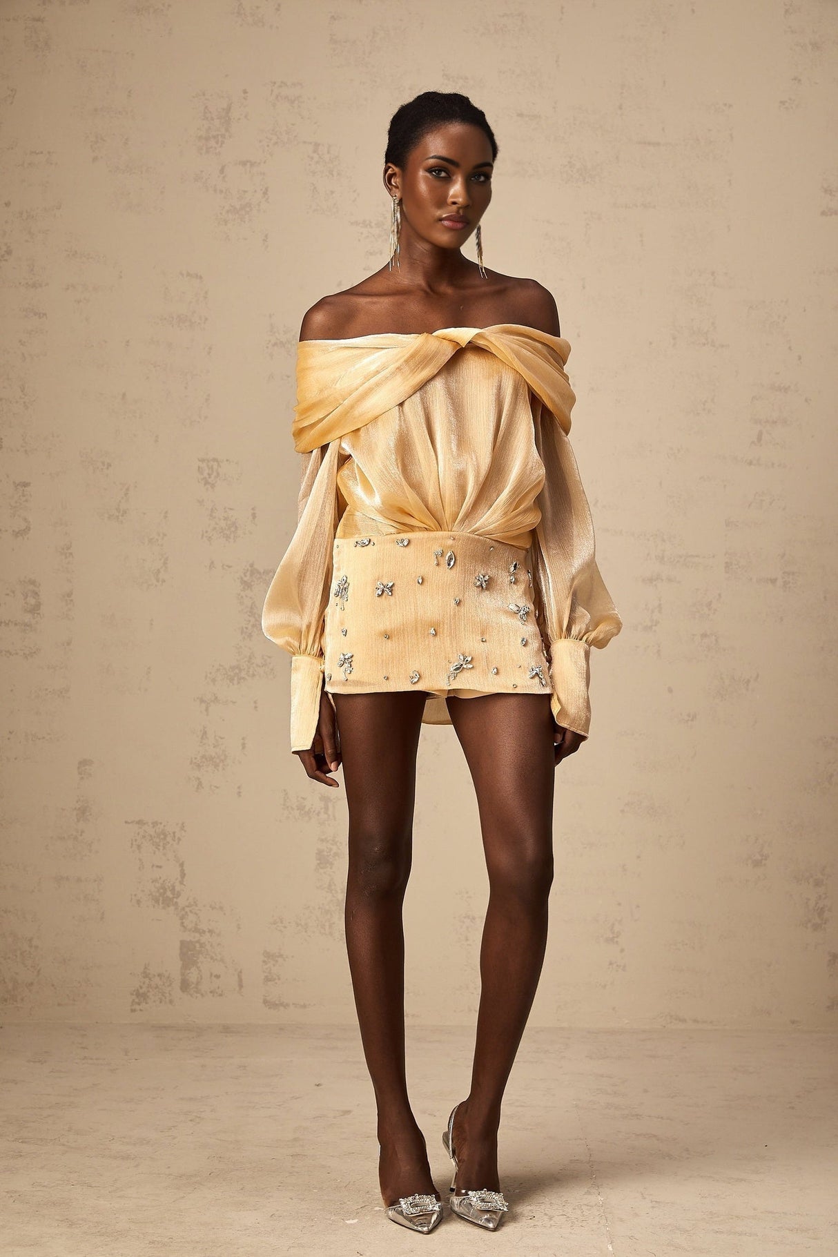 Ruby Mini Dress Gold Crystal Off Shoulder Puff Sleeve Sparkle