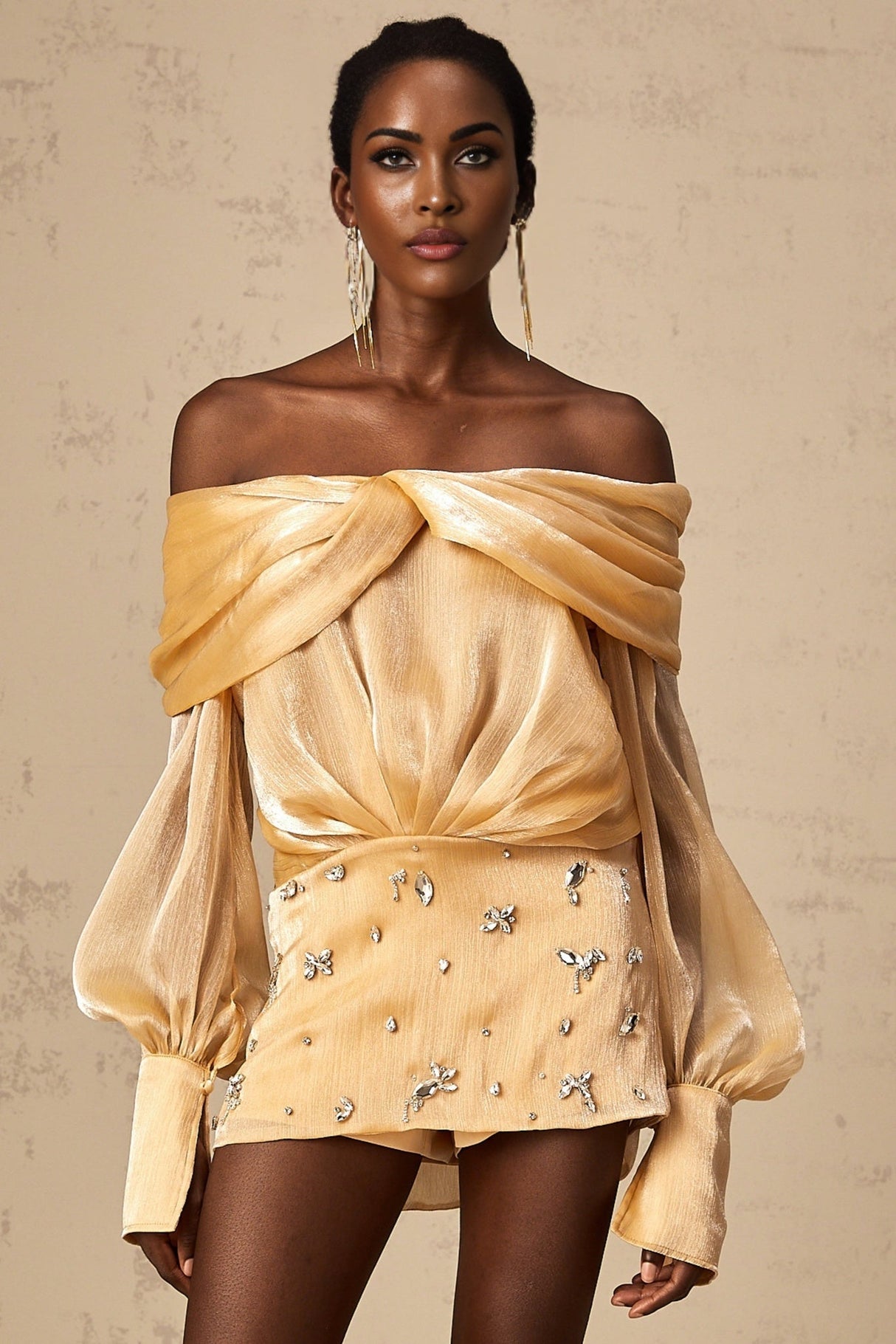 Ruby Mini Dress Gold Crystal Off Shoulder Puff Sleeve Sparkle