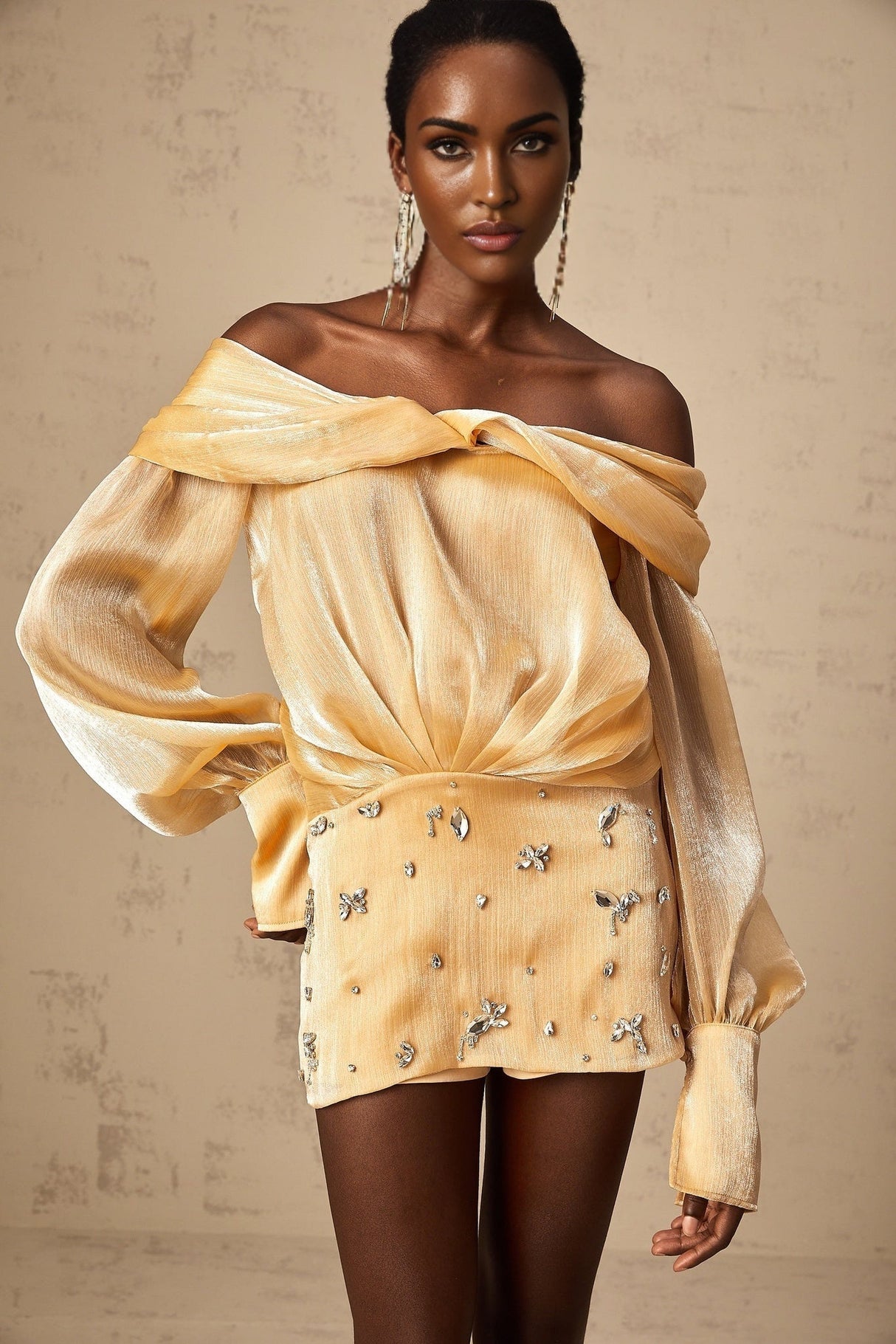 Ruby Mini Dress Gold Crystal Off Shoulder Puff Sleeve Sparkle