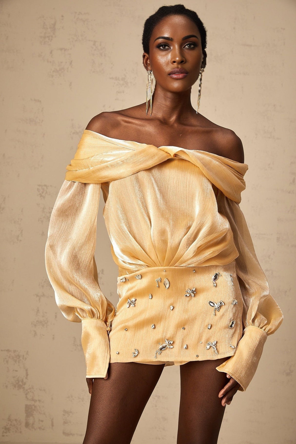 Ruby Mini Dress Gold Crystal Off Shoulder Puff Sleeve Sparkle