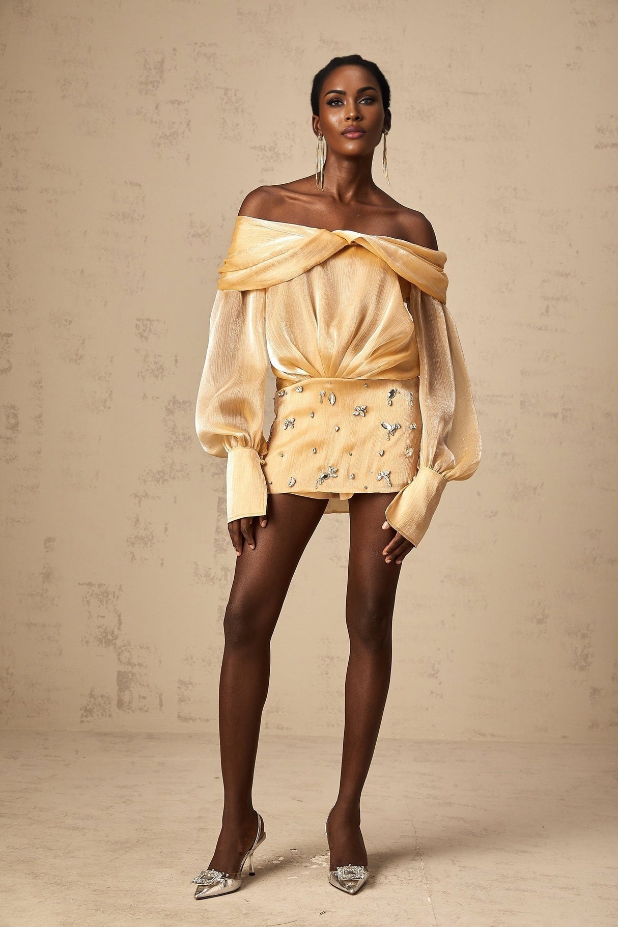 Ruby Mini Dress Gold Crystal Off Shoulder Puff Sleeve Sparkle