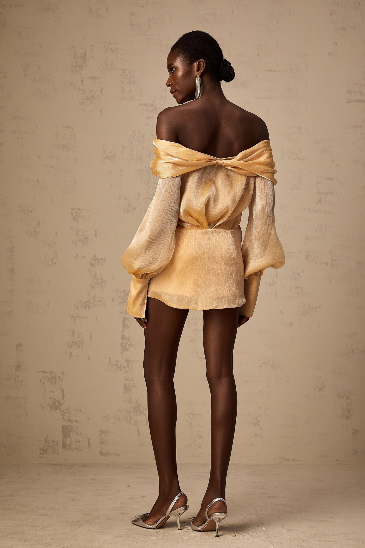 Ruby Mini Dress Gold Crystal Off Shoulder Puff Sleeve Sparkle