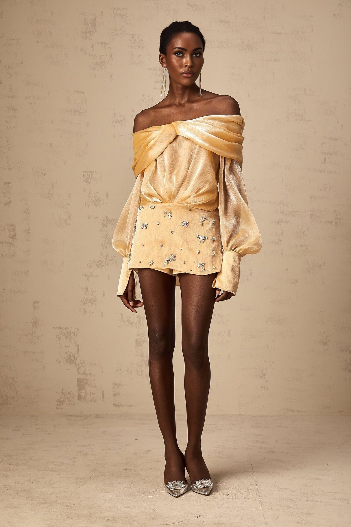 Ruby Mini Dress Gold Crystal Off Shoulder Puff Sleeve Sparkle