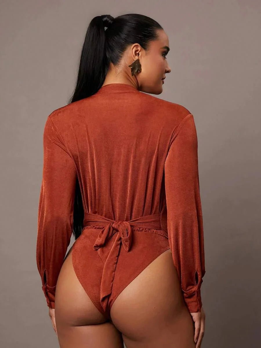 Rylan Bodysuit - High Stretch Fabric Elasticity - Regular Fit - Deep V Neckline - Long Sleeve Length - Ruched, Wrap, Split Thigh