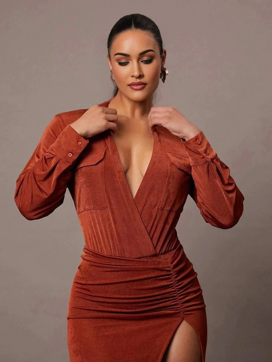 Rylan Bodysuit - High Stretch Fabric Elasticity - Regular Fit - Deep V Neckline - Long Sleeve Length - Ruched, Wrap, Split Thigh