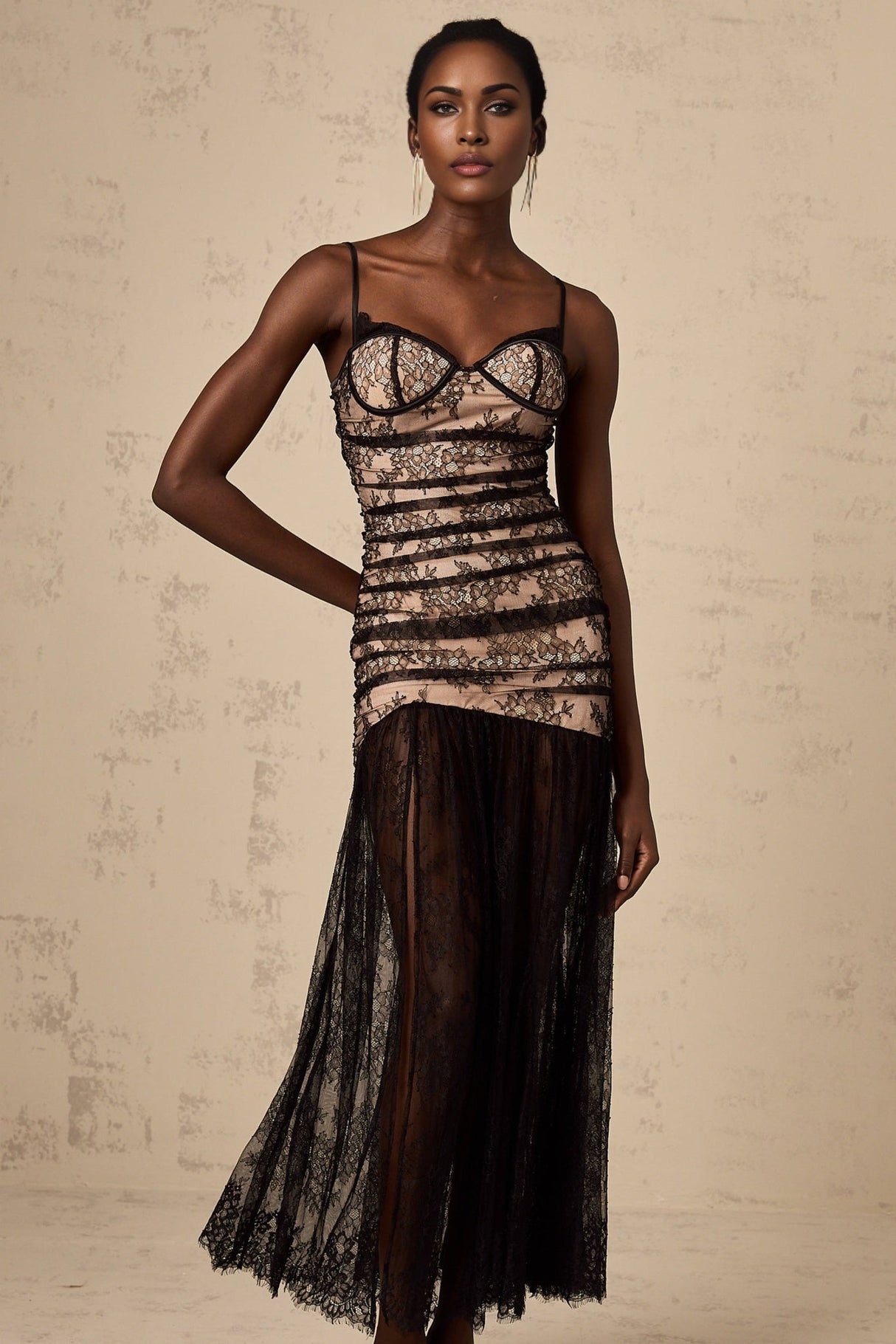 Rylan Floral Midi Dress Bustier Style with Lace Detail & Ruffled Design