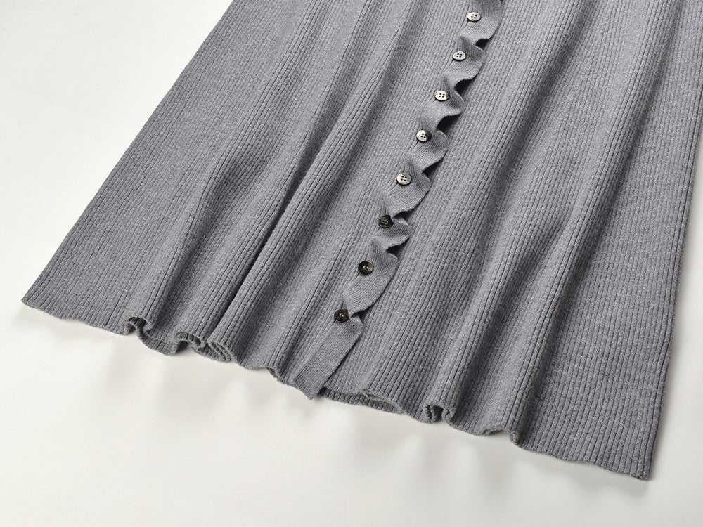 Rylan Long Fitted Ribbed Sweater - Button - Down Front with Scalloped Trim and Ruffled Hem