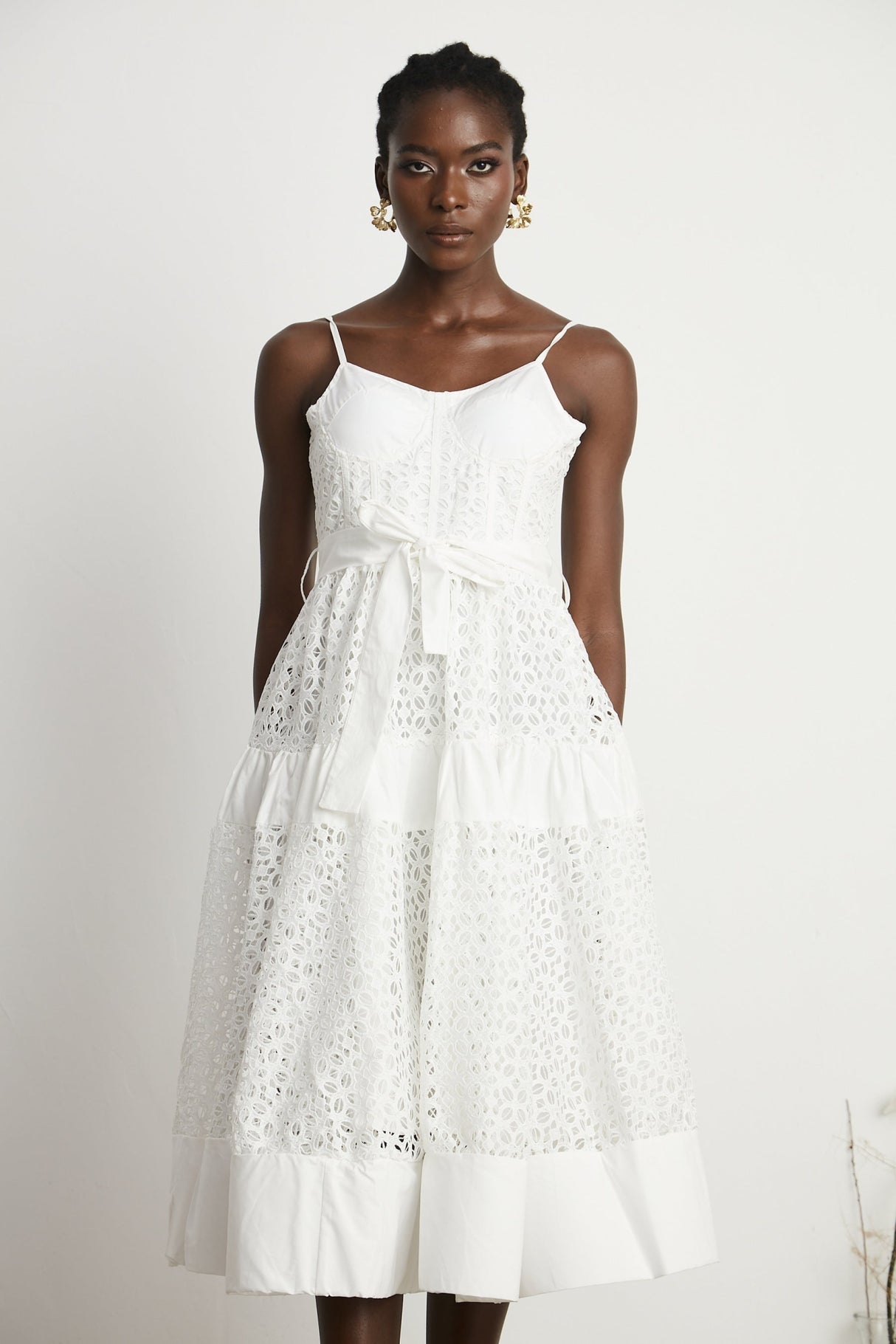 Rylan Midi Dress White Cut Out Belted Spaghetti Straps