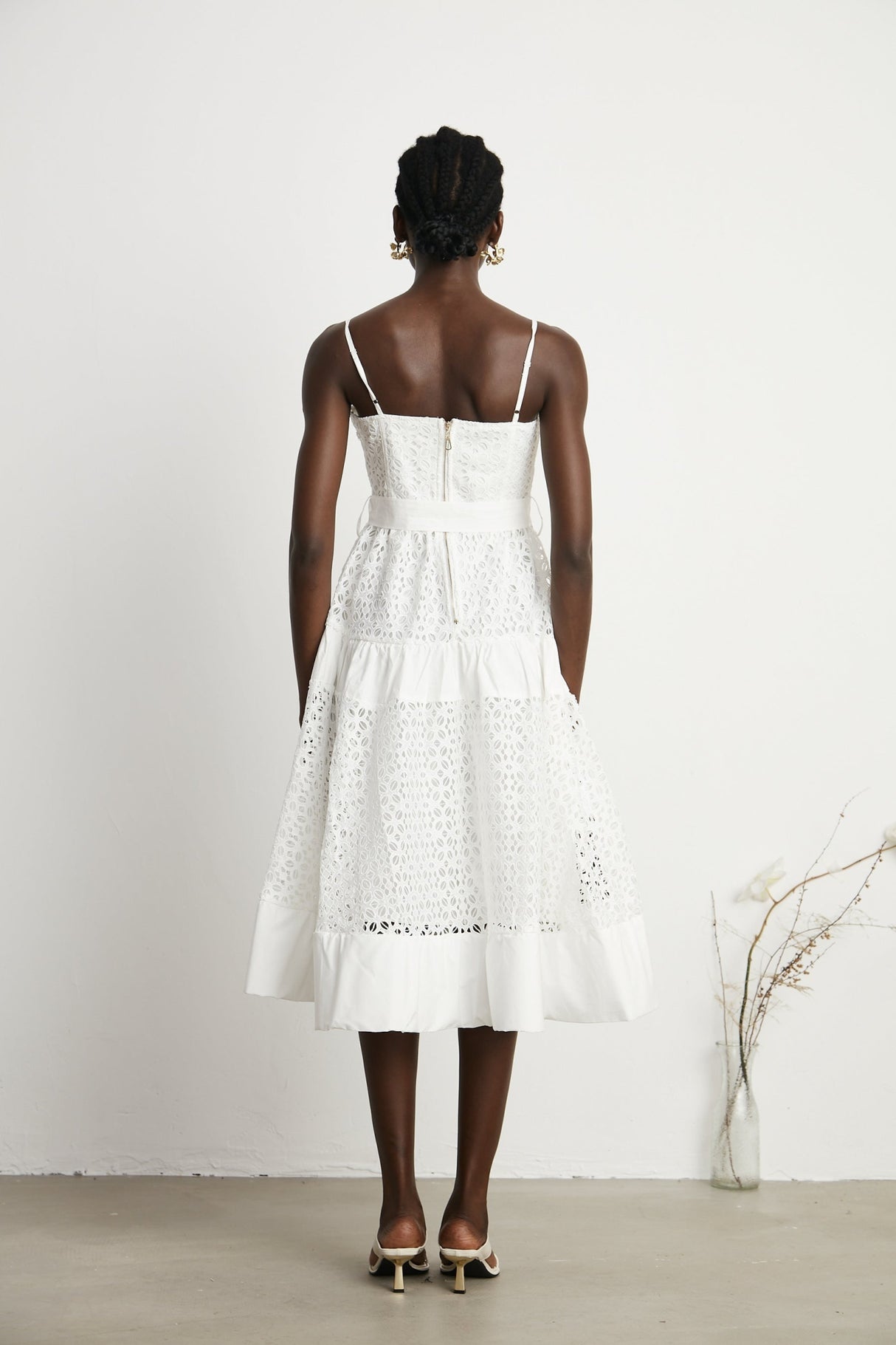 Rylan Midi Dress White Cut Out Belted Spaghetti Straps