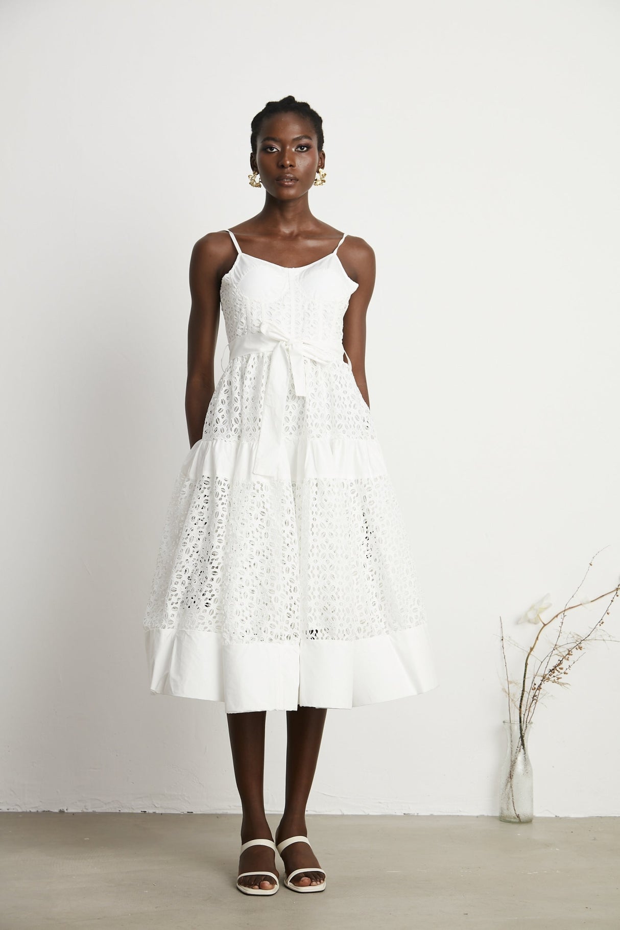 Rylan Midi Dress White Cut Out Belted Spaghetti Straps